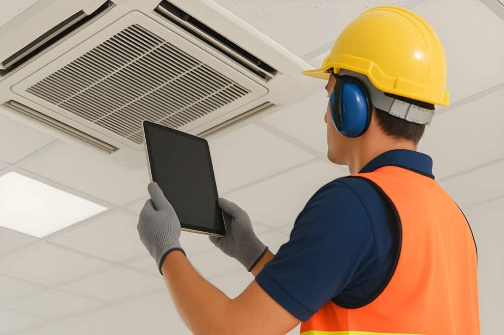 HIGH-QUALITY HVAC TECHNICIAN INSPECTING CEILING AIR CONDITIONING UNIT WITH TABLET IN COMMERCIAL SPACE, EMPHASIZING PROFESSIONAL HEATING, VENTILATION, AND AIR CONDITIONING SERVICES.