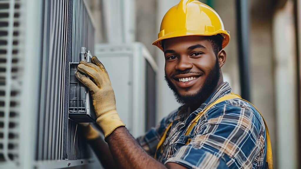 HIGH-QUALITY HVAC TECHNICIAN WEARING SAFETY GEAR WORKING ON AIR CONDITIONING UNIT, PROFESSIONAL HVAC AND PLUMBING SERVICES, SKILLED TECHNICIAN FIXING COOLING SYSTEM.