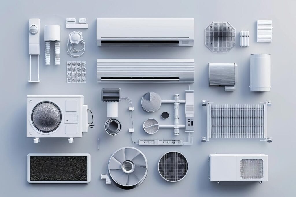 EFFICIENT HVAC AND PLUMBING SYSTEM COMPONENTS ARRANGED ON A LIGHT BACKGROUND, SHOWCASING TOP-RATED HEATING, COOLING, AND PLUMBING SOLUTIONS FOR RESIDENTIAL AND COMMERCIAL NEEDS.