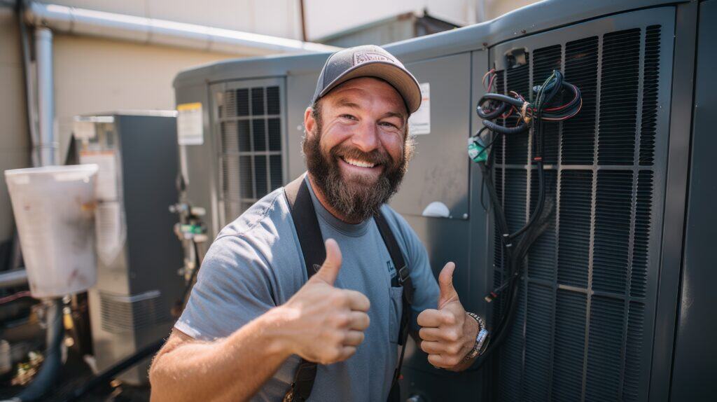 RELIABLE HVAC TECHNICIAN GIVING THUMBS UP NEXT TO AIR CONDITIONING UNIT FOR TOP-RATED HVAC AND PLUMBING SERVICES.