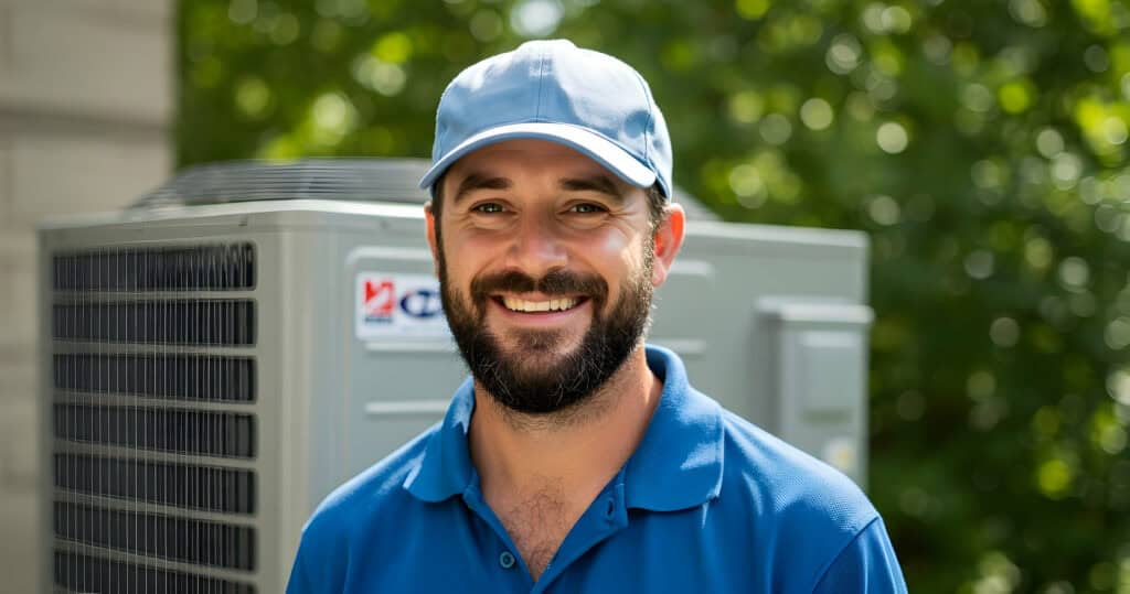 PROFESSIONAL HVAC TECHNICIAN SMILING OUTDOORS NEXT TO AIR CONDITIONING UNITS, REPRESENTATIVE OF TOP-RATED HVAC AND PLUMBING SERVICES FOR HOME COMFORT AND REPAIRS.