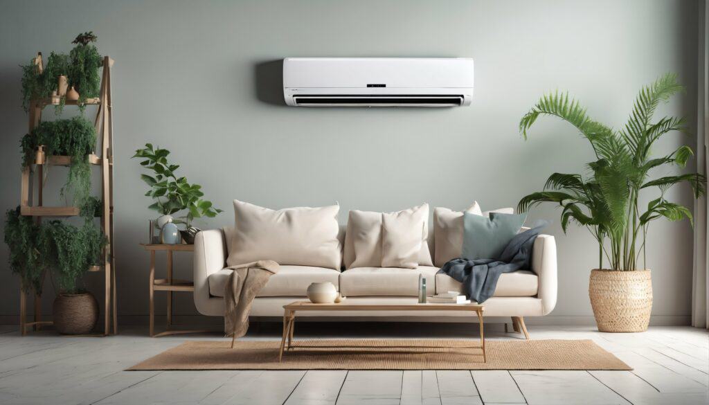 MODERN LIVING ROOM WITH WALL-MOUNTED HVAC UNIT, BEIGE SOFA, AND LUSH GREEN PLANTS FOR COMFORTABLE INDOOR CLIMATE AND STYLISH DECOR.