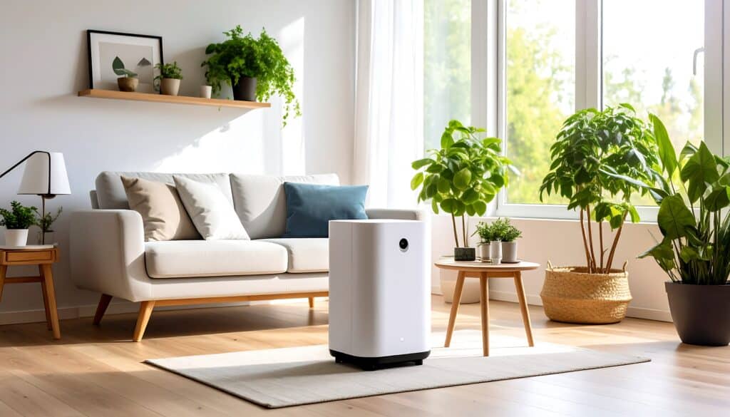 CLEAN AND MODERN LIVING ROOM WITH AIR PURIFIER FOR IMPROVED INDOOR AIR QUALITY, DECOR, AND NATURAL SUNLIGHT.