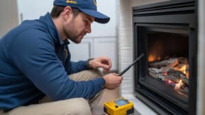 PROFESSIONAL HVAC TECHNICIAN INSPECTING AND REPAIRING A FIREPLACE WITH DIAGNOSTIC TOOLS FOR TOP-RATED HEATING AND COOLING SERVICES.