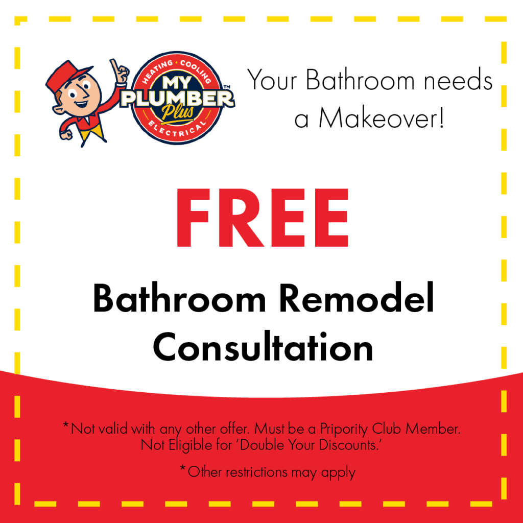 Advertisement offering a free bathroom remodel consultation from My Plumber Plus, with flexible finance options available. Eligibility and restrictions stated at the bottom.