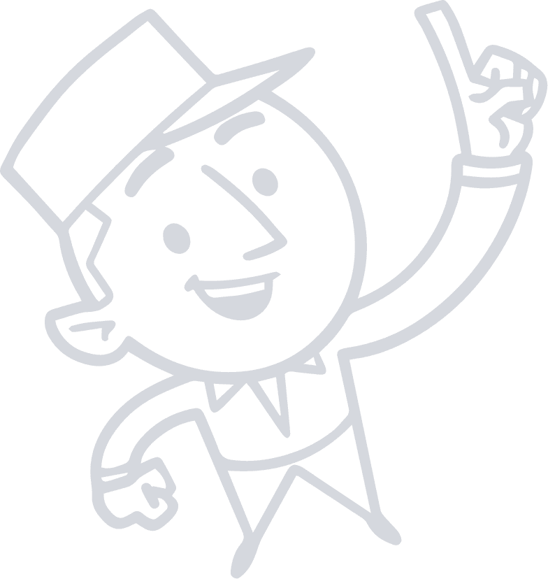 Line drawing of a smiling person wearing a hat, raising one arm and pointing upward with an index finger.
