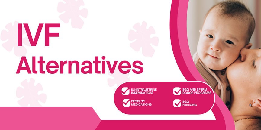Baby and mother with IVF alternatives options infographic.