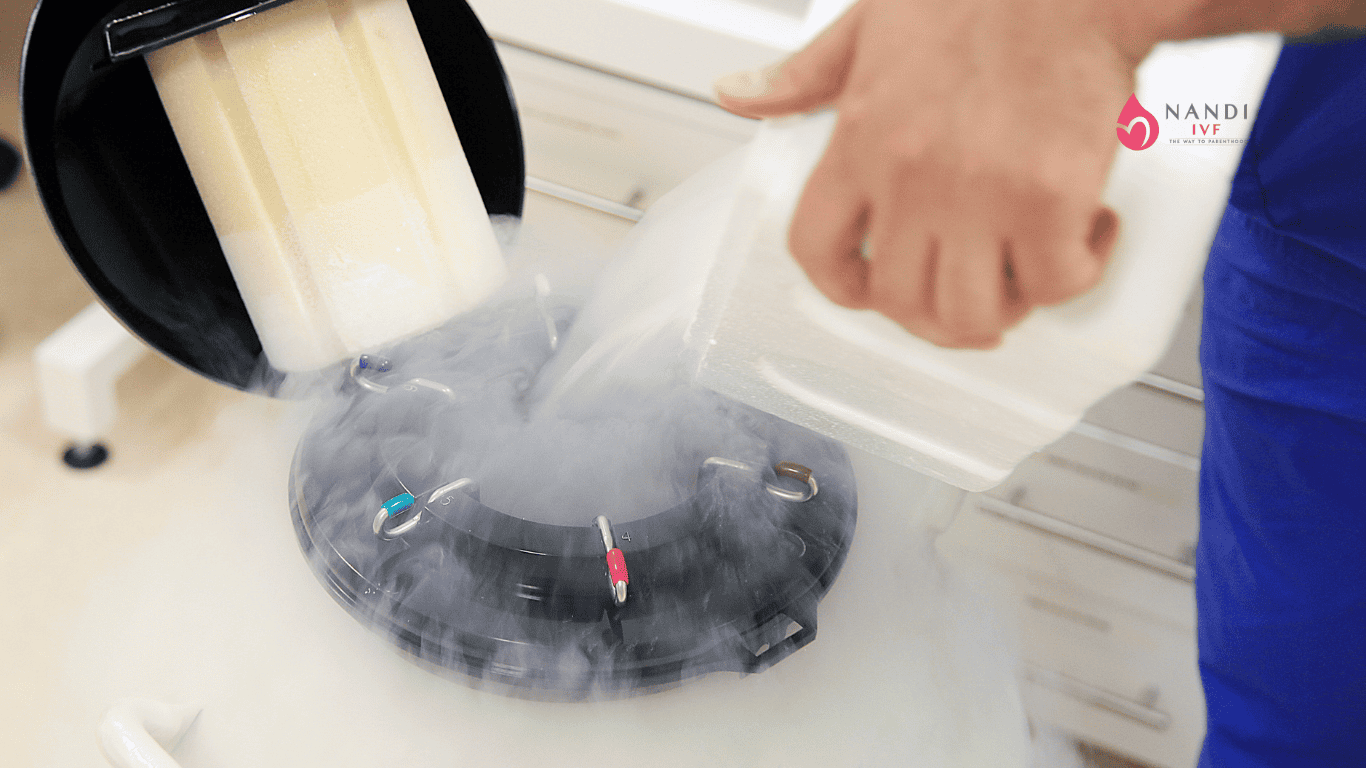 Fertility specialist handling cryopreserved embryos in a laboratory setting.