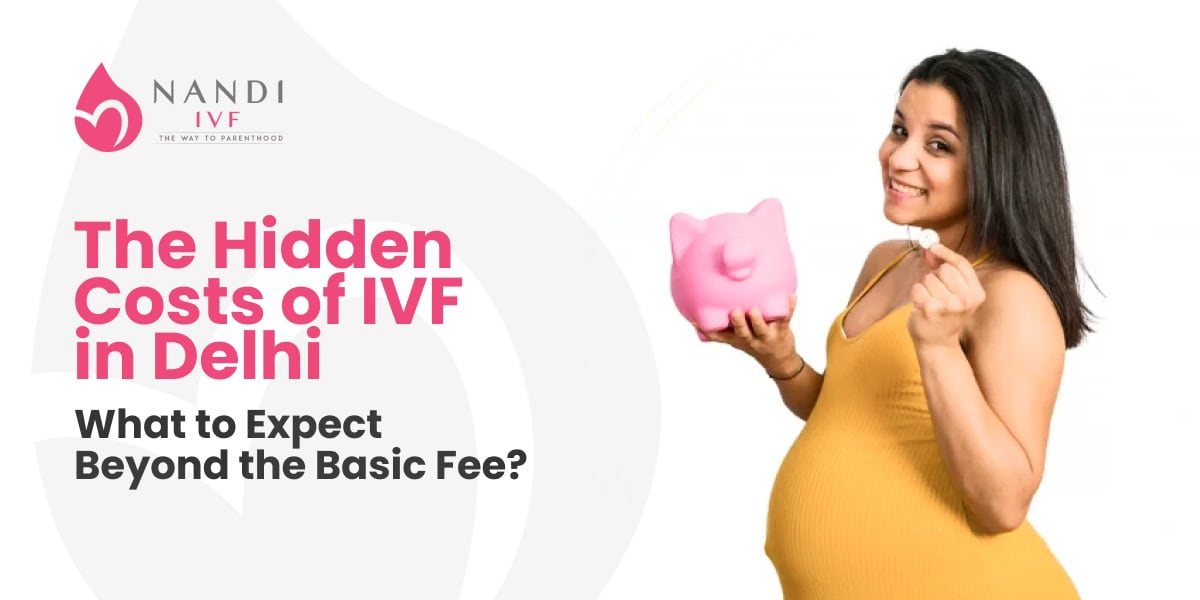 Pregnant woman with piggy bank representing IVF costs in Delhi.