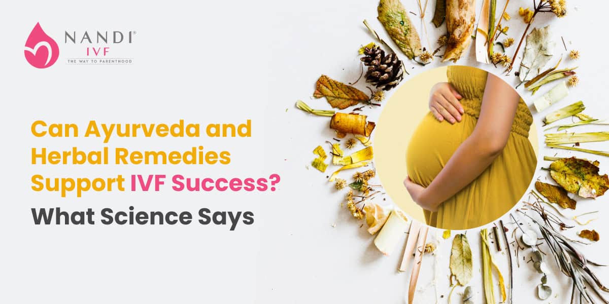 Woman with pregnant belly surrounded by herbs and natural remedies.