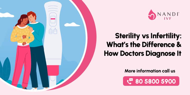 Illustration of a couple discussing fertility issues with a doctor and medical equipment.