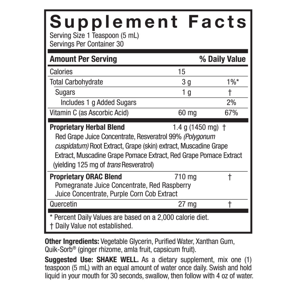 Resveratrol Reserve Liquid 5oz Supplement Facts Box