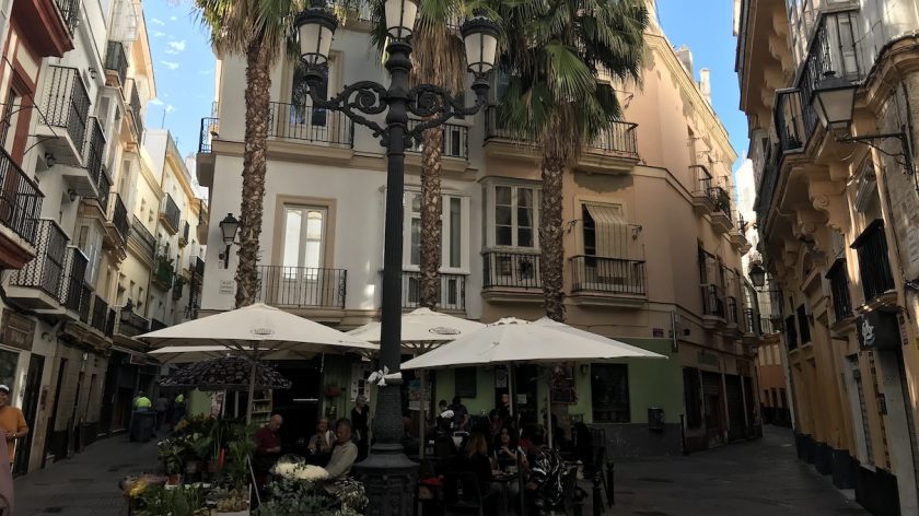 Cádiz Andalusië Spanje straat met terras en palmbomen