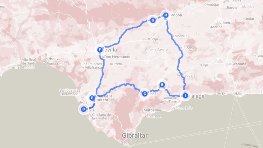Rondreis Andalusië route voor 1 week op de kaart