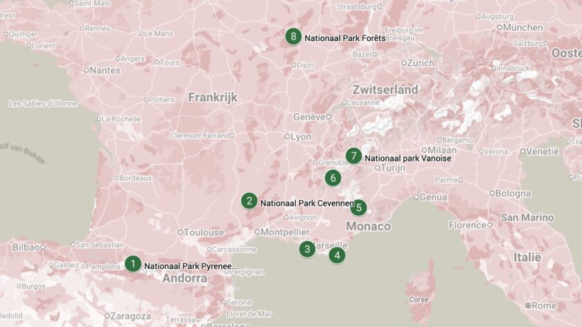 Nationale parken in Frankrijk op de kaart