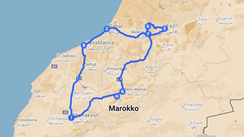 Rondreis Koningssteden van Marokko - reisroute van 1 week op de kaart