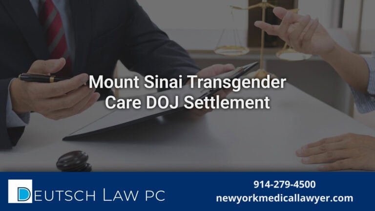 Mount Sinai Hospital in Manhattan related to the DOJ settlement concerning pediatric transgender care and potential malpractice claims.