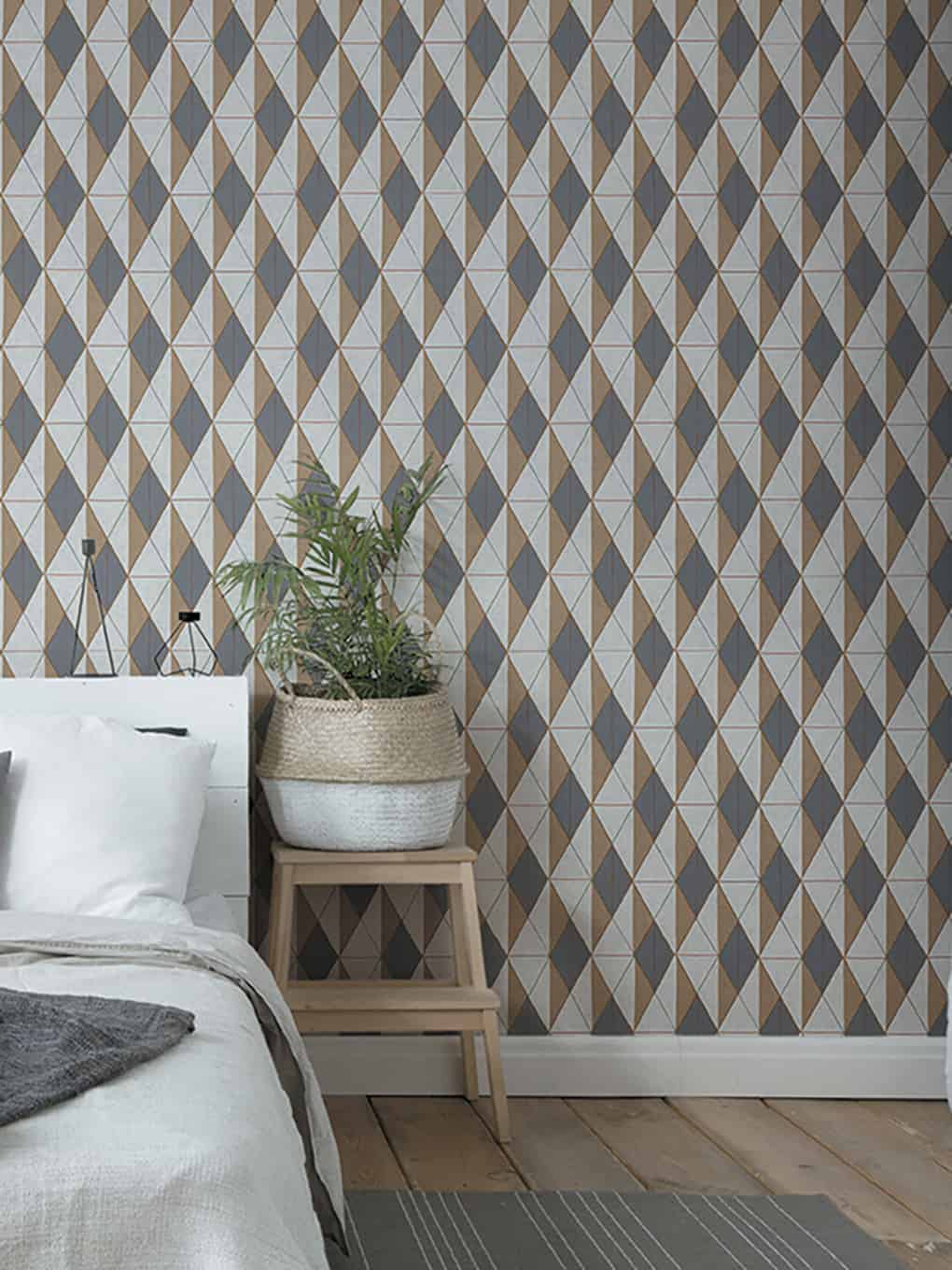 Geometric patterned wallpaper in neutral tones for modern interior decor.
