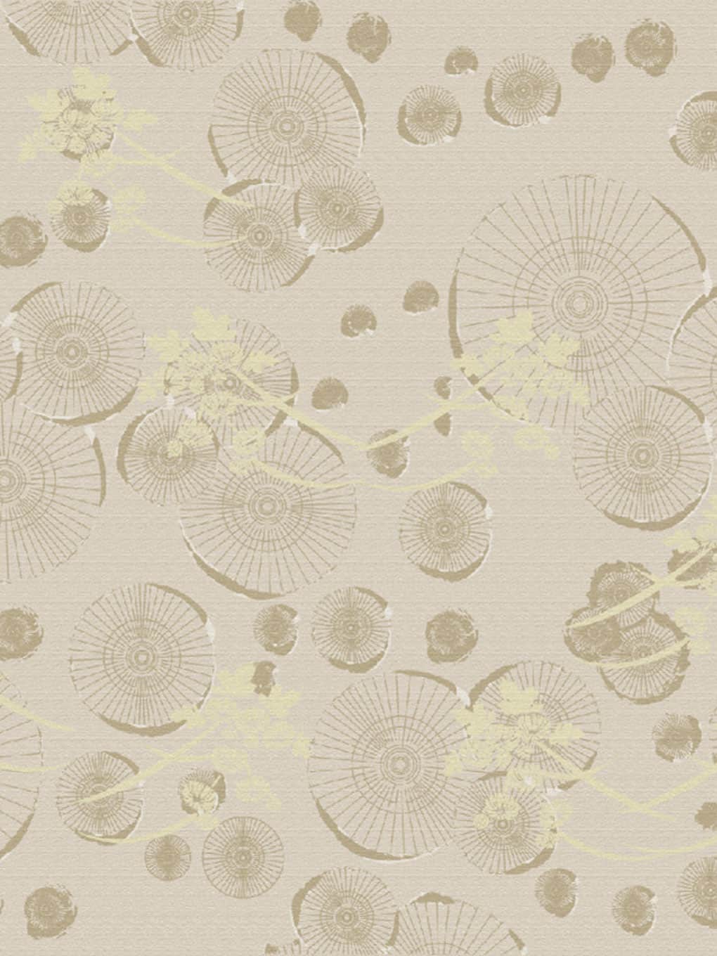Elegant beige wallpaper with circular patterns and subtle gold accents.