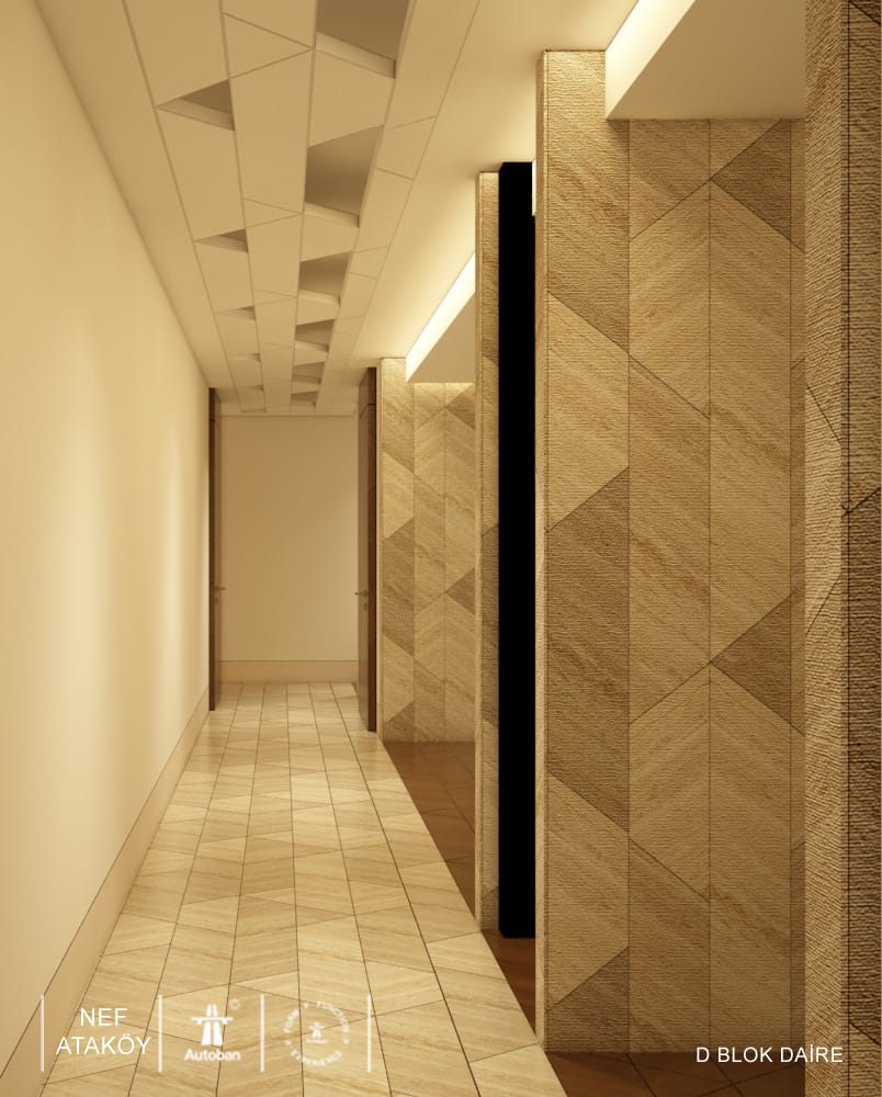Modern beige tiled corridor with geometric wall design and ceiling lighting.