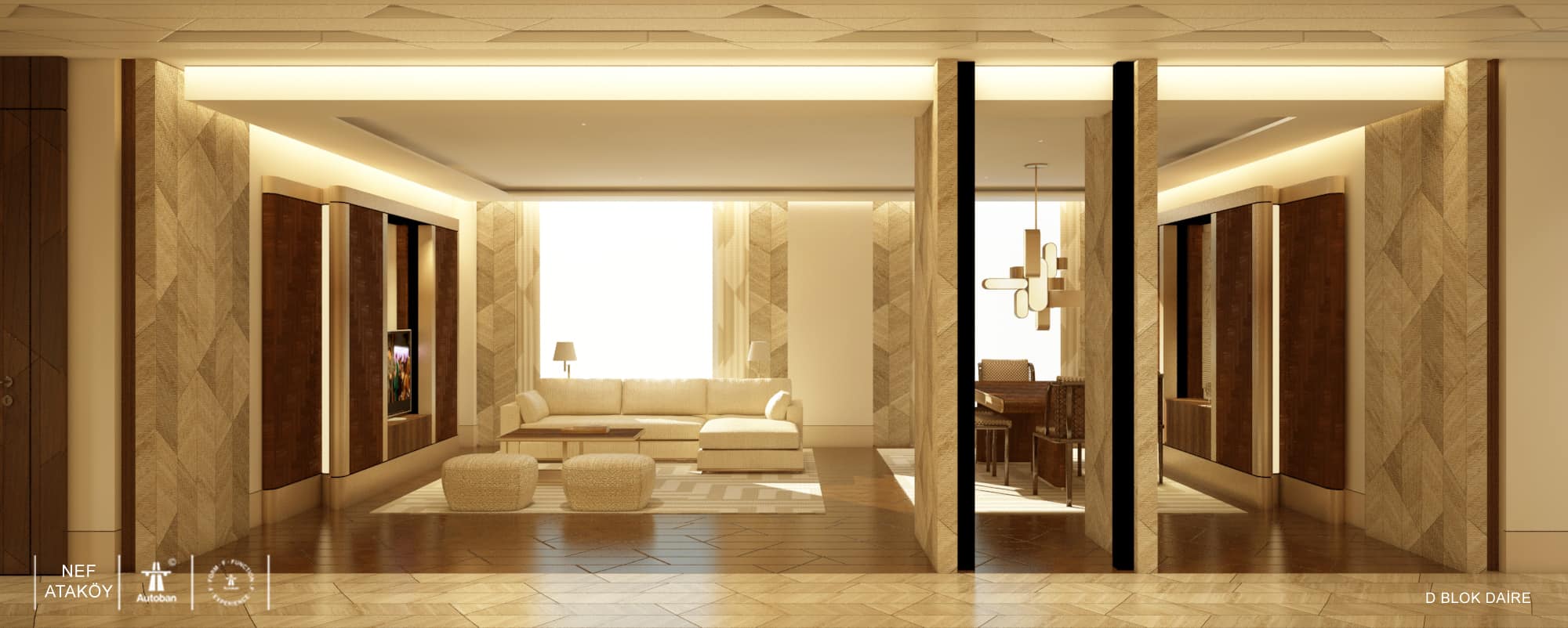Elegant modern living room with stylish decor and ambient lighting, showcasing Nishdecor's interior.