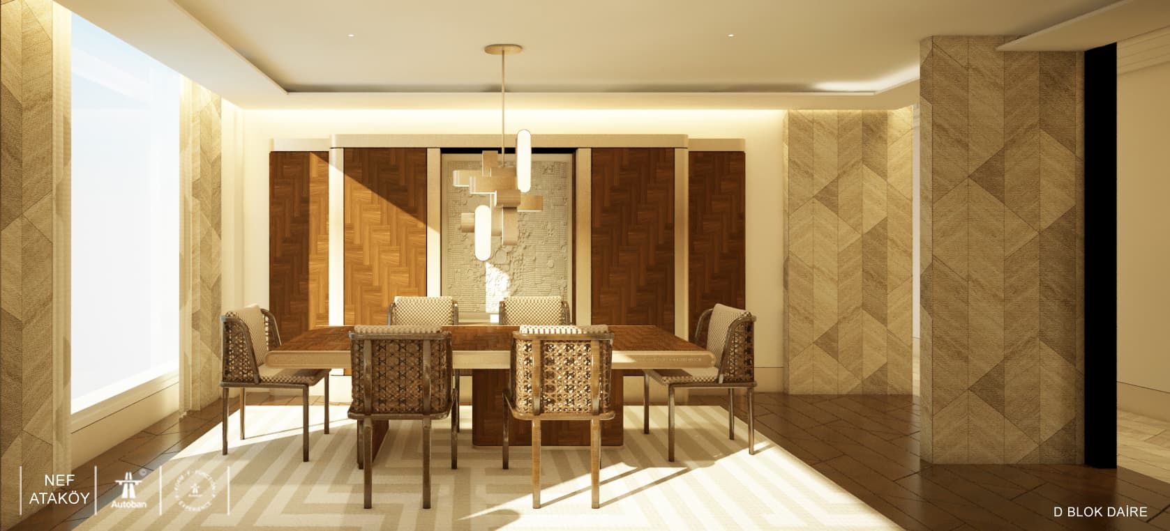 Elegant modern dining room with wooden accents and stylish chairs, perfect for contemporary interior.