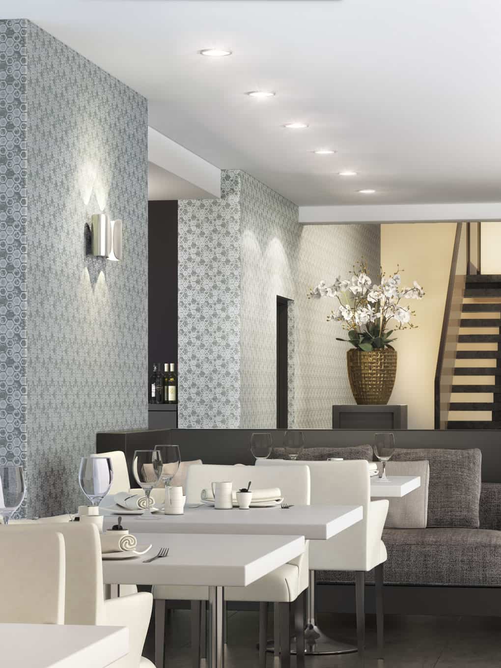 Elegant dining room with contemporary decor and comfortable seating.