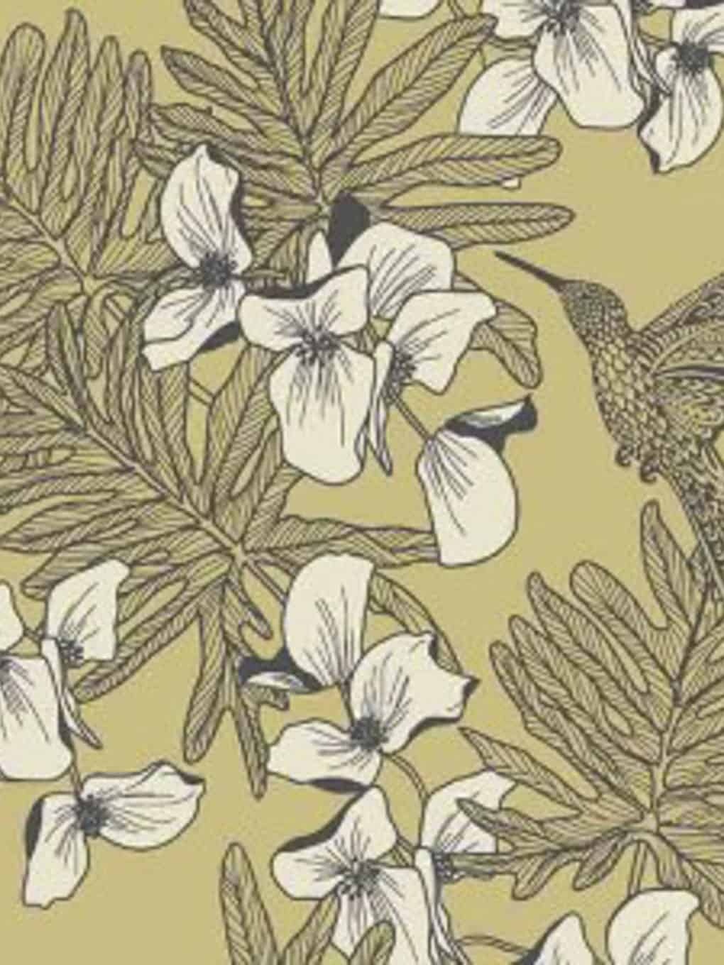 Elegant tropical floral wallpaper with hummingbird design.