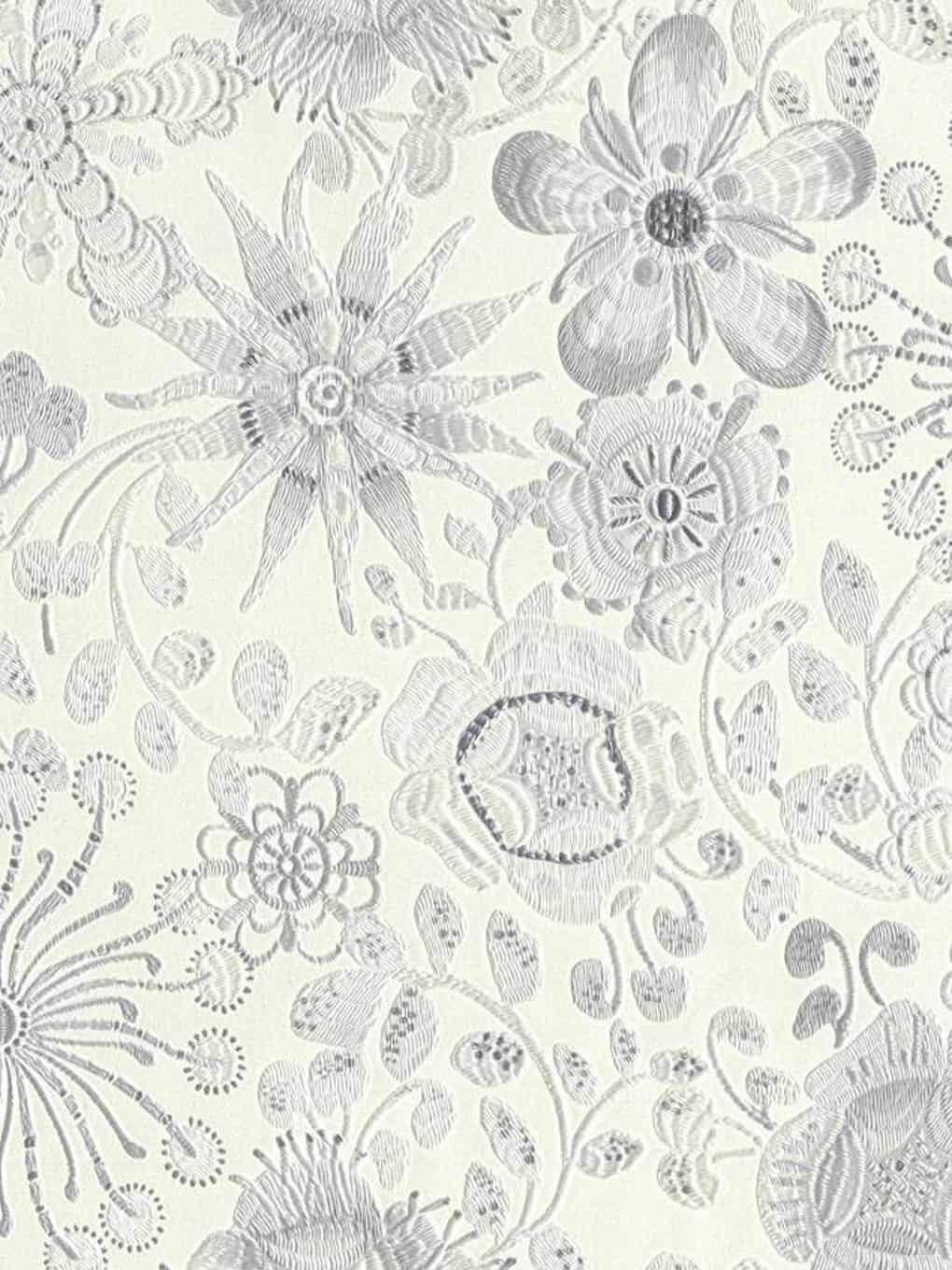 Intricate floral lace wallpaper in soft neutral tones for elegant home decor.