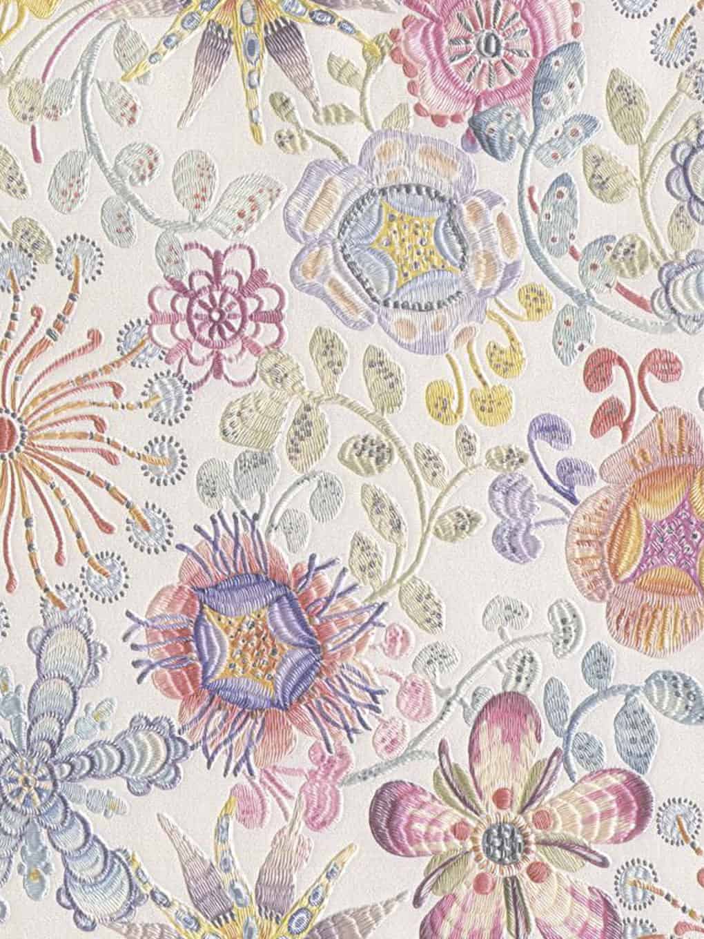 Vibrant floral pattern featuring detailed, colorful flowers and leaves, perfect for home decor and t.