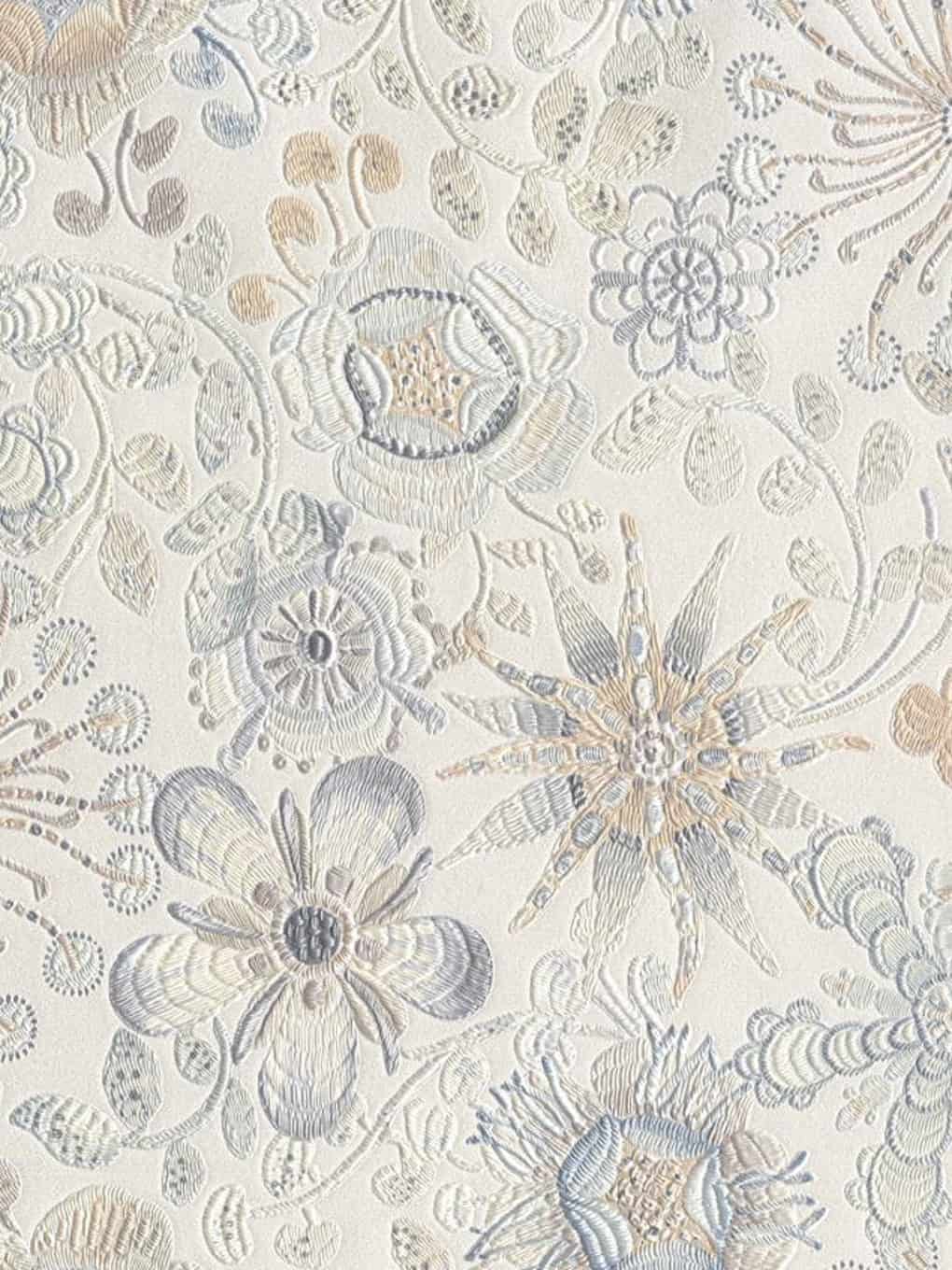 Embroidered floral fabric with pastel colors, perfect for home decor, curtains, and upholstery.