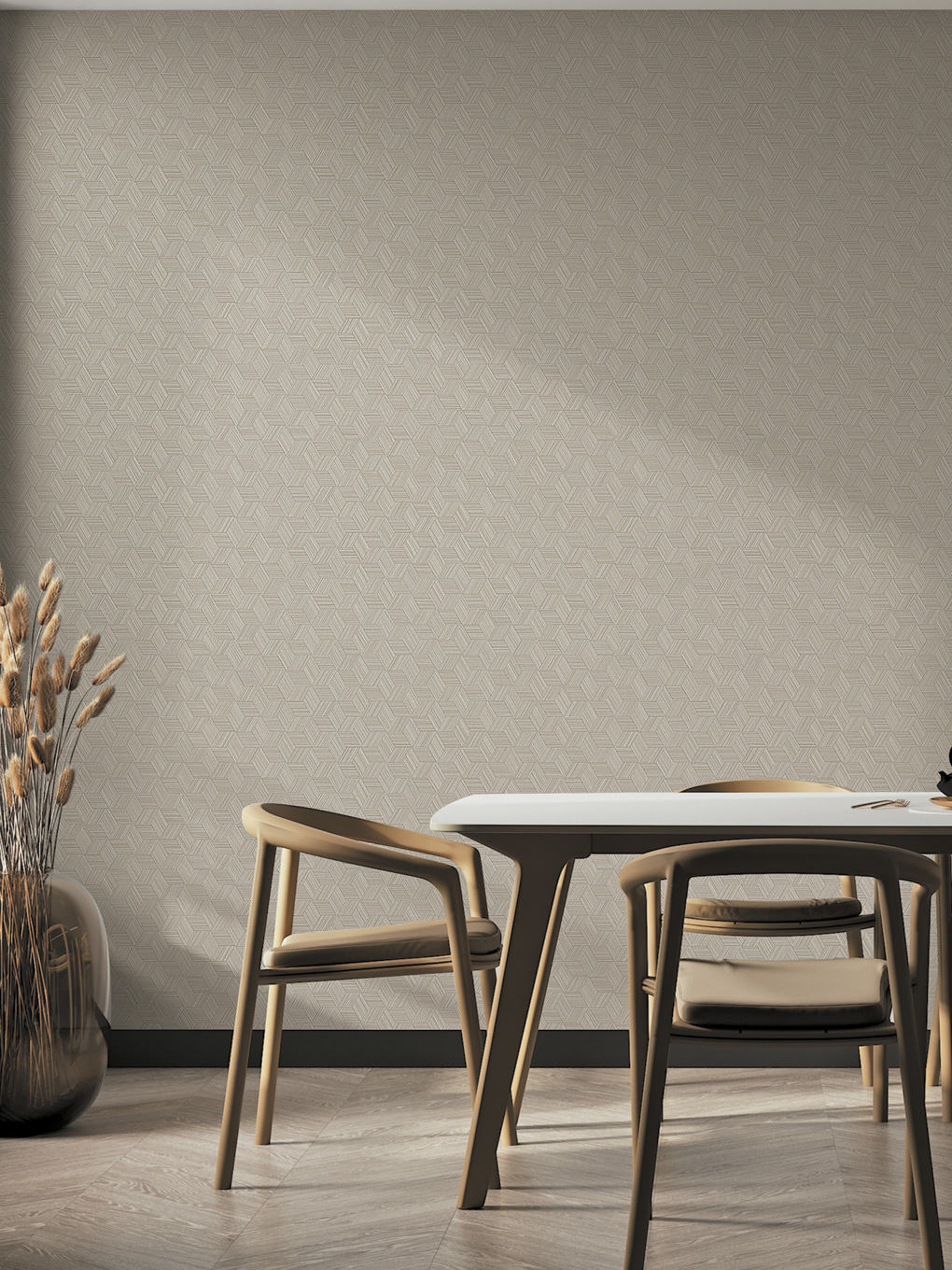 Elegant beige textured wallpaper enhances the contemporary dining space.