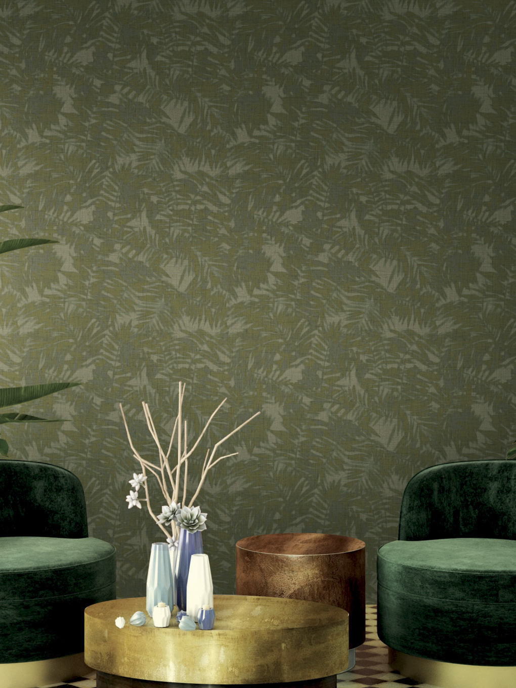 Green textured wall with stylish furniture and decor accents.