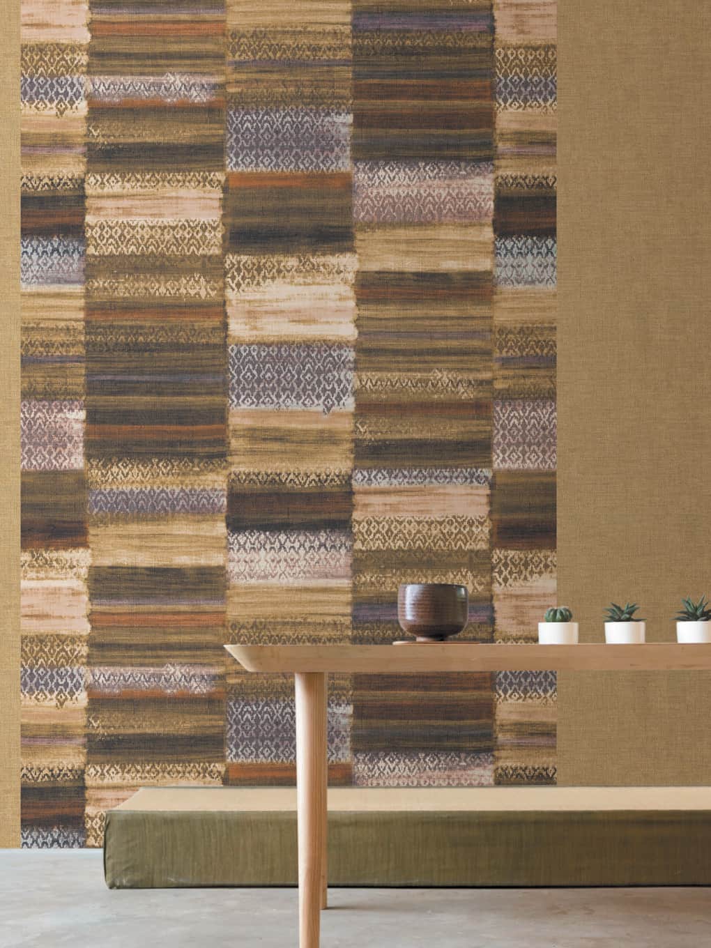 Elegant woven wall decor with geometric and tribal-inspired designs in warm brown shades.