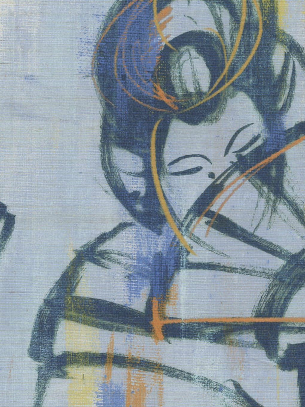 Abstract art painting with bold blue, orange, and yellow accents.