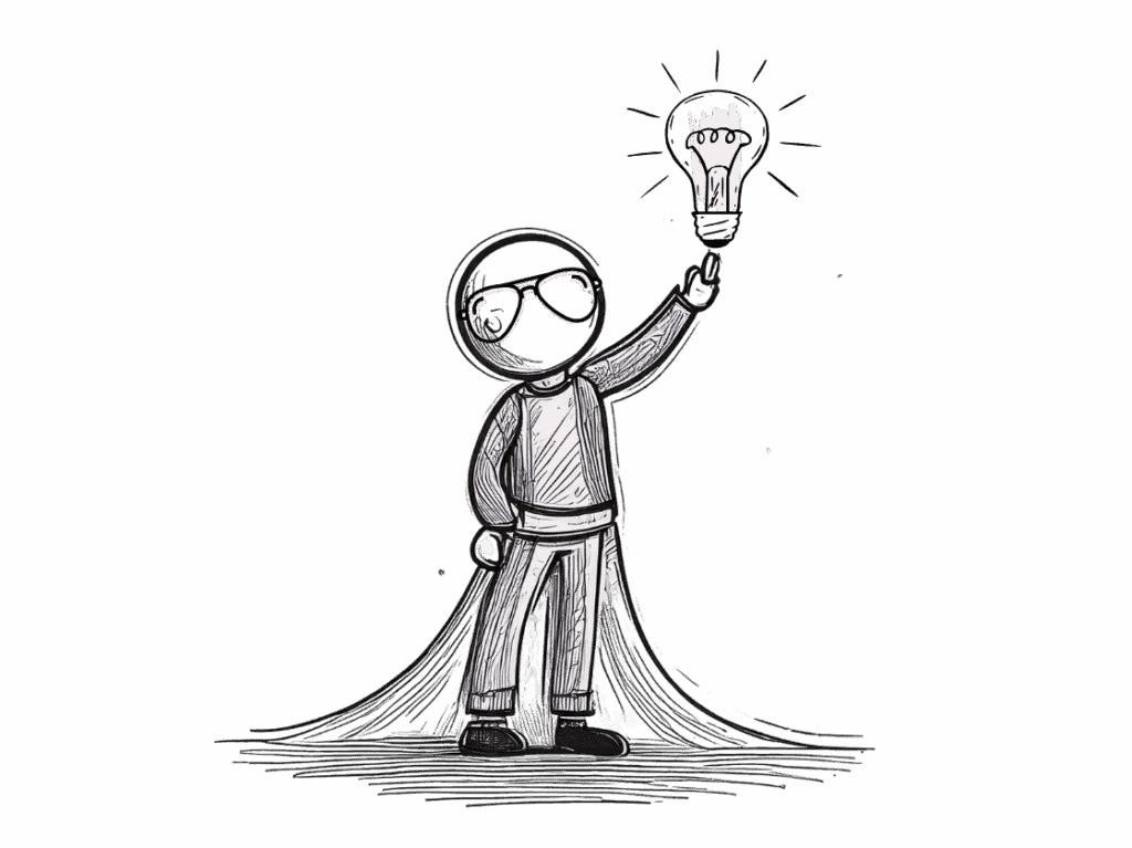 Eine Skizze eines Astronauten mit Brille, der sich nach oben zu einem kleinen Schloss streckt, das über seiner erhobenen Hand schwebt, und hinter dem ein Umhang weht.