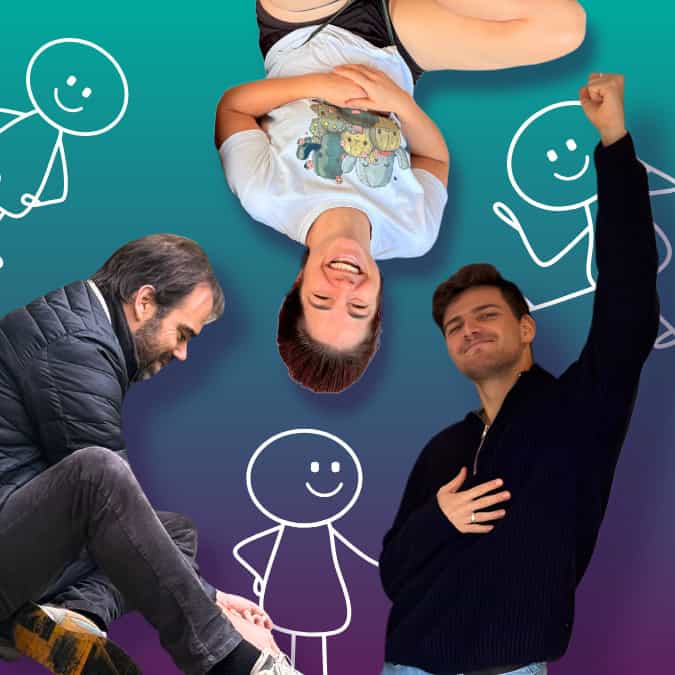 Drei Personen posieren in verschiedenen Positionen vor einem Hintergrund mit Farbverlauf und weißen Strichmännchen; eine Person steht auf dem Kopf, eine andere sitzt, und die dritte hebt eine Faust.