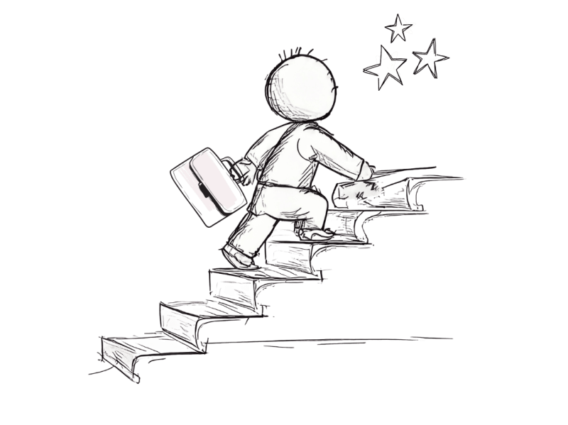 Eine Skizze einer gesichtslosen Figur in Geschäftskleidung mit einer Aktentasche, die eine Treppe zu drei Sternen hinaufsteigt.