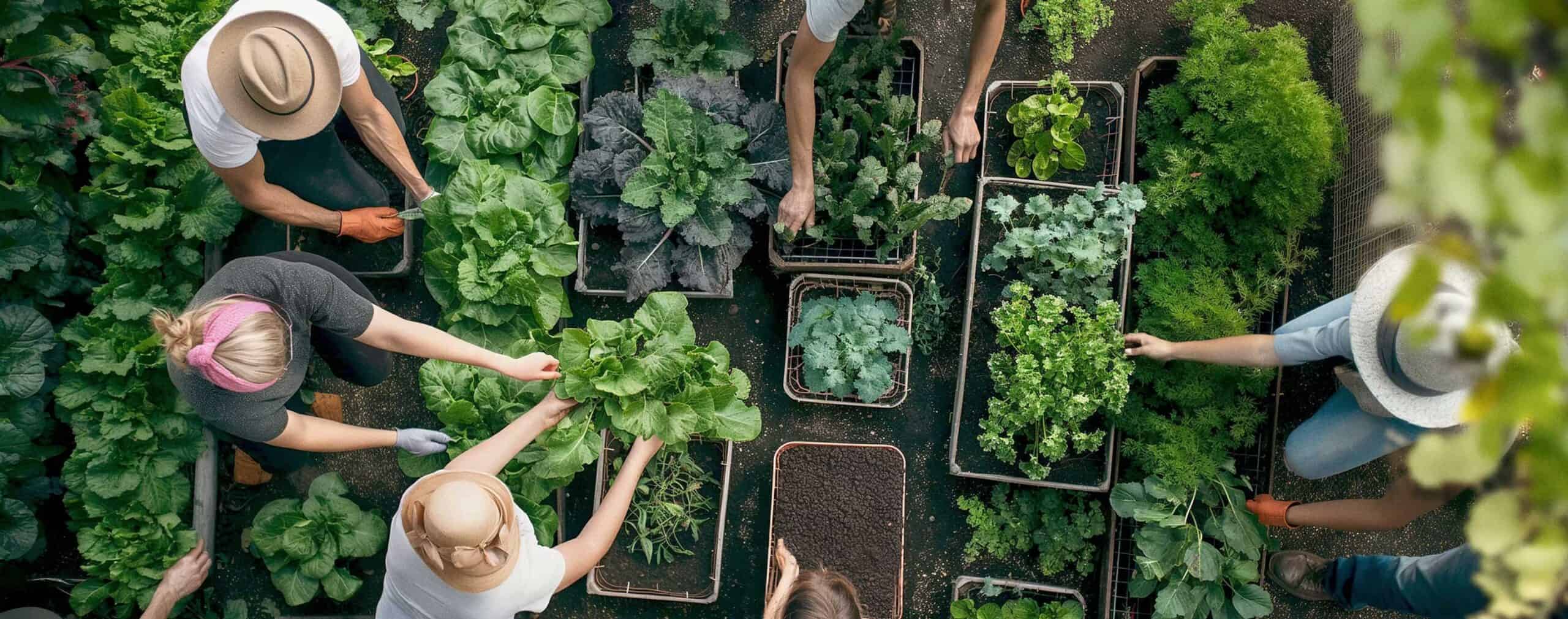 Mensen planten en verzorgen groenten en kruiden in de tuin.