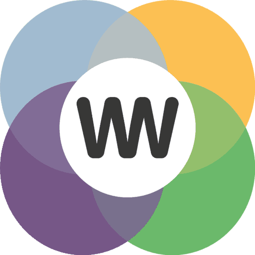 Logo van Ons Wenum Wiesel met kleurrijke cirkels en W in het midden.
