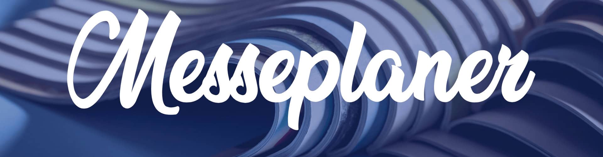Messeplaner Logo auf blauem Hintergrund für Eventmanagement.