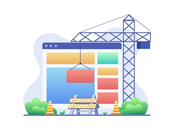 Illustration of a web development scene with a crane, construction barriers, and colorful webpage elements.
