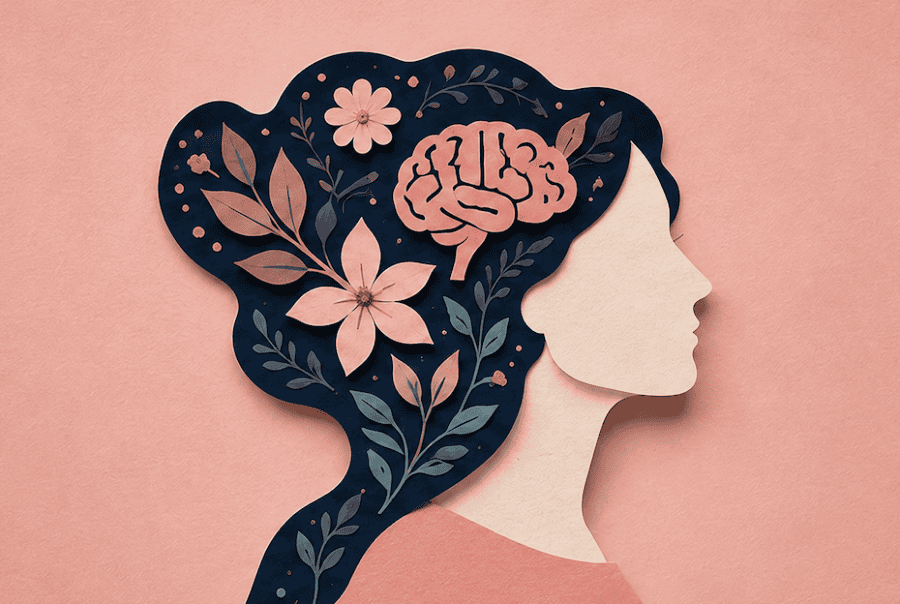Woman with brain and flowers in her hair to symbolize mental health due to hormonal balance