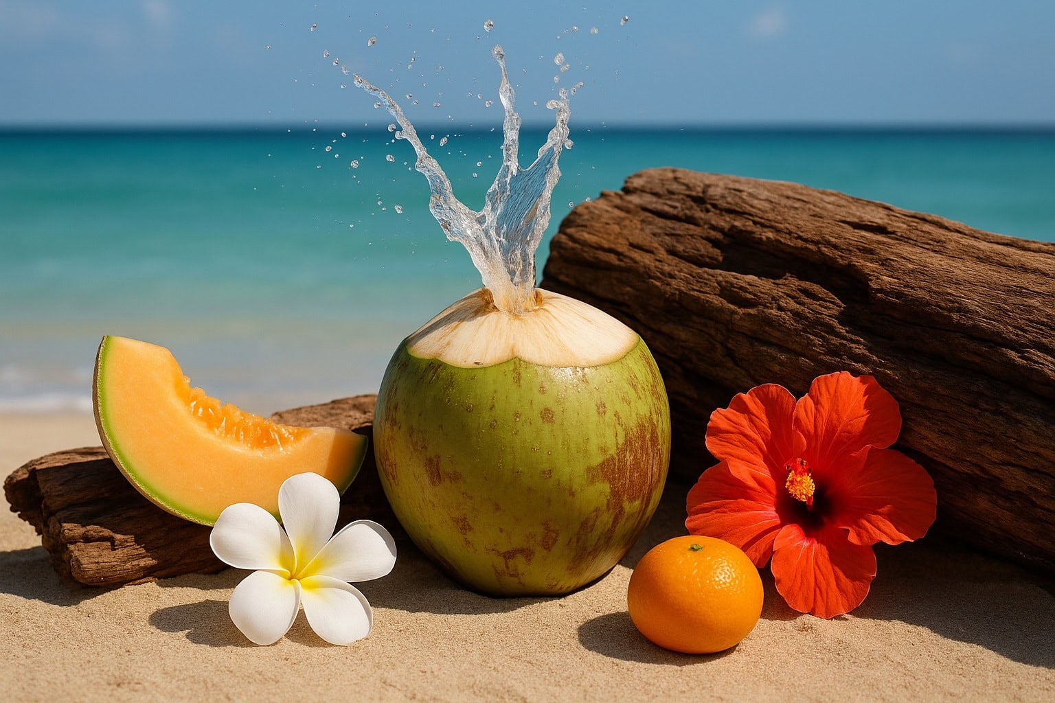 coconut water between exotic flowers, wood and fruits