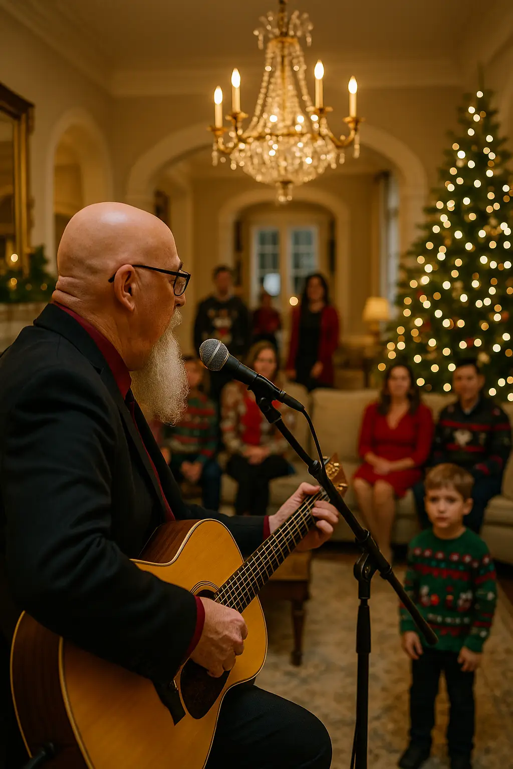 North Georgia Christmas party entertainment with Phillip Rogers performing acoustic guitar for guests in a luxury holiday home