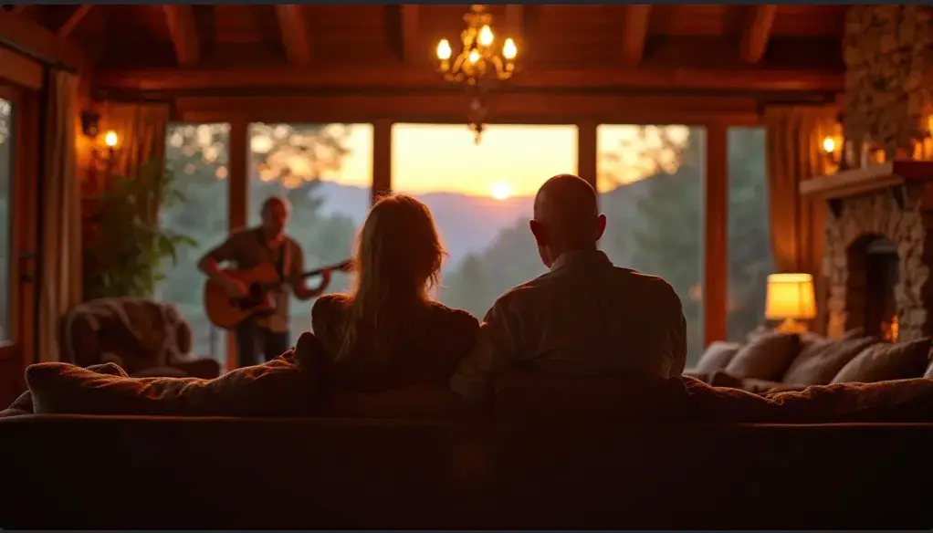 Cozy North Georgia cabin weekend scene with a family relaxing indoors while Phillip Rogers plays acoustic guitar in the background.