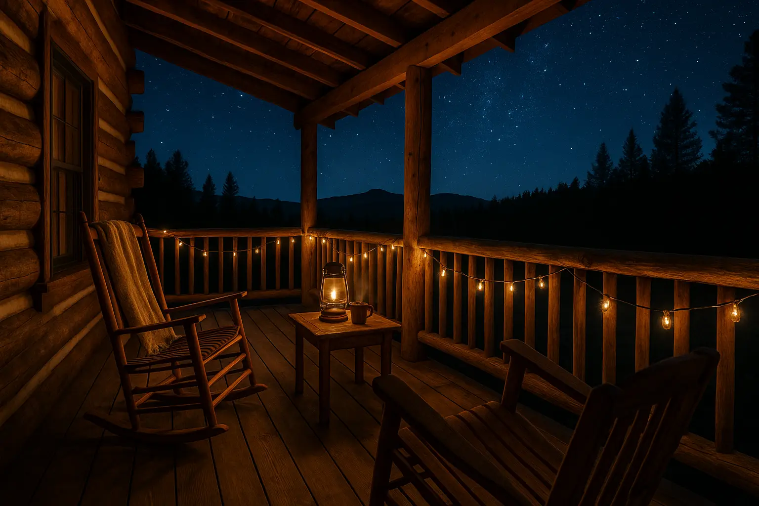 Cozy North Georgia cabin porch at night with rocking chairs and string lights, perfect for a relaxed family evening