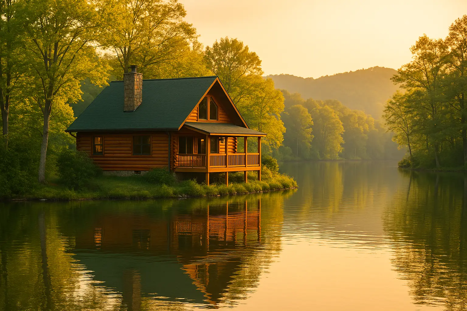 North Georgia cabin family activities at a peaceful lakeside cabin during golden hour in spring