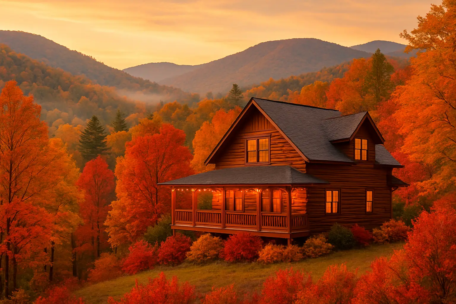 North Georgia cabin group activities scenic fall mountain cabin glowing with warm evening light
