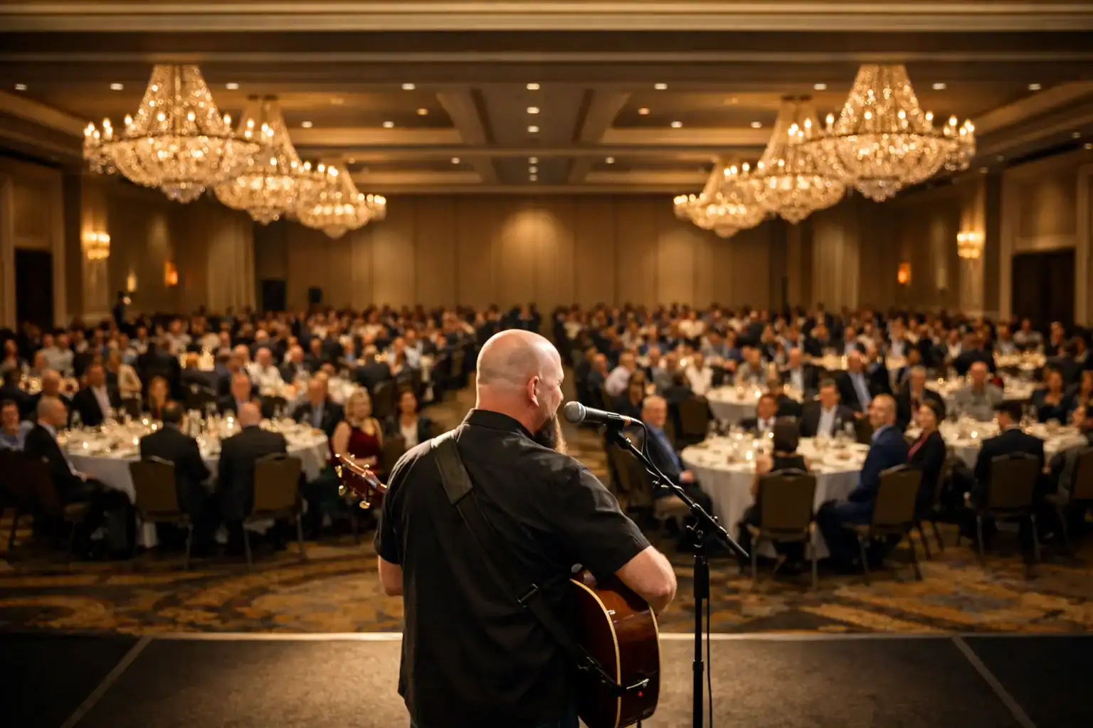 Phillip Rogers performing live acoustic music for a corporate event in a hotel ballroom